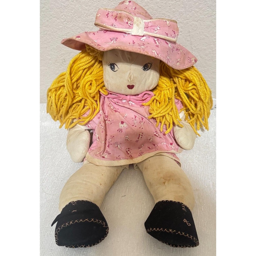Vintage Handmade Rag Doll Yellow Yarn Hair Pink Circus Outfit Cottagecore 18"